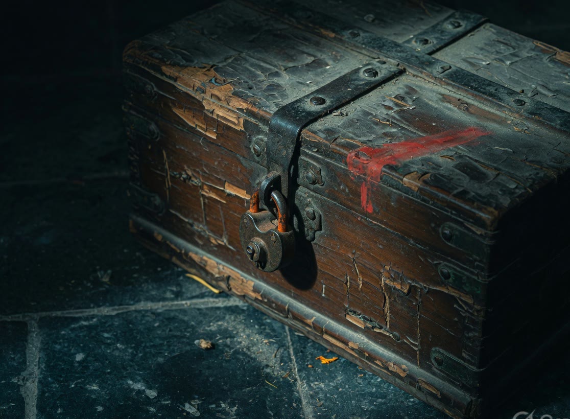 The cursed wooden box, locked.