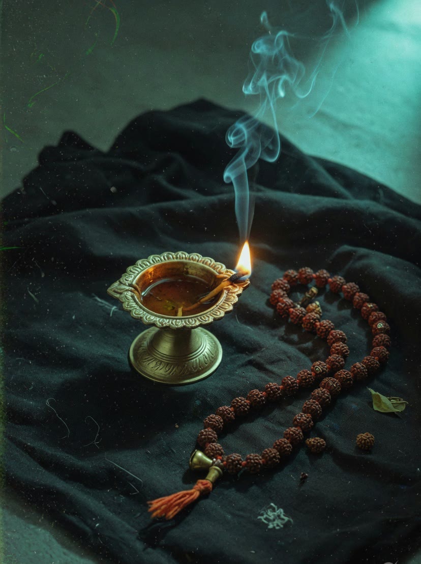 Brass diya and rudraksha beads.