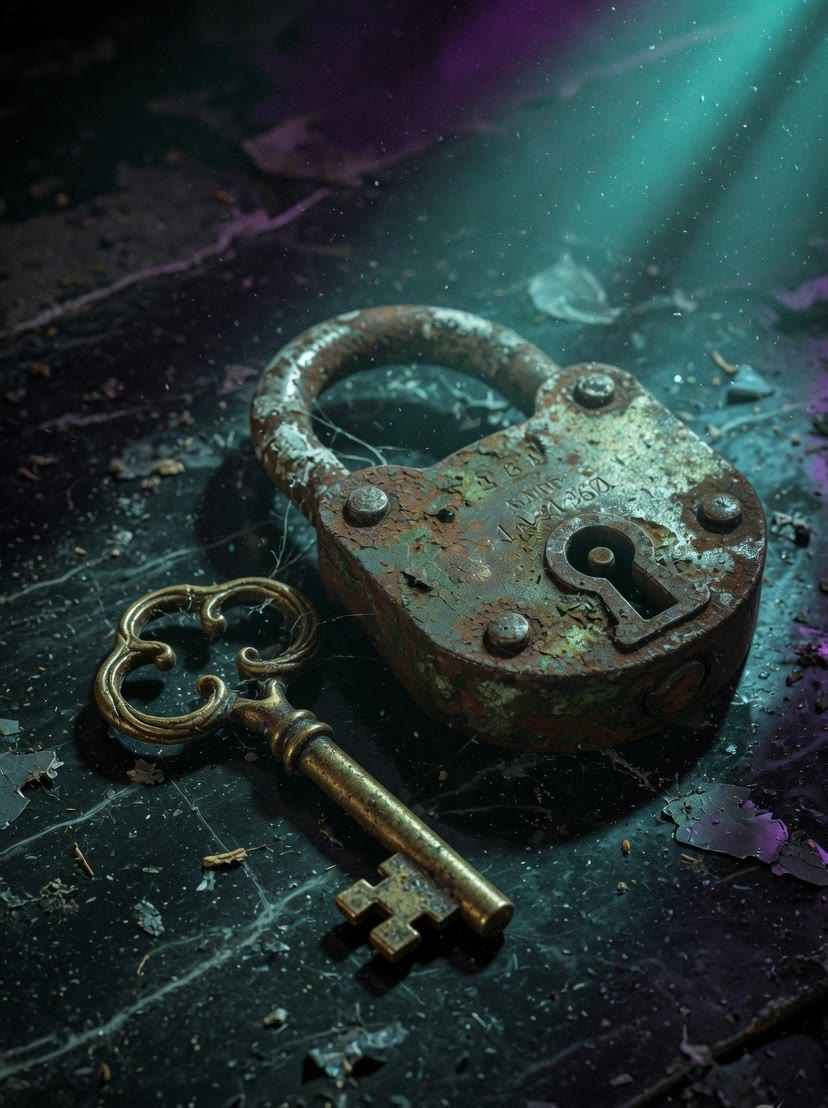 Rusted padlock and brass key for the box.