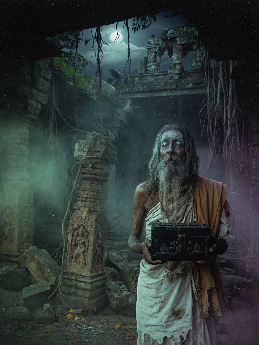 An old keeper of the family shrine, standing among the ruins of the ancestral estate, holding the box.